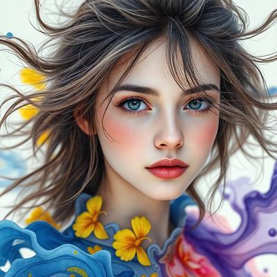 The primary subject of the image is a woman with long hair, wearing a blue dress and makeup. She is posing for the camera with a flower in her hair. The setting is a colorful and artistic background, which adds to the overall visual style of the image. The colors and mood of the image are vibrant and lively, creating a sense of beauty and creativity.